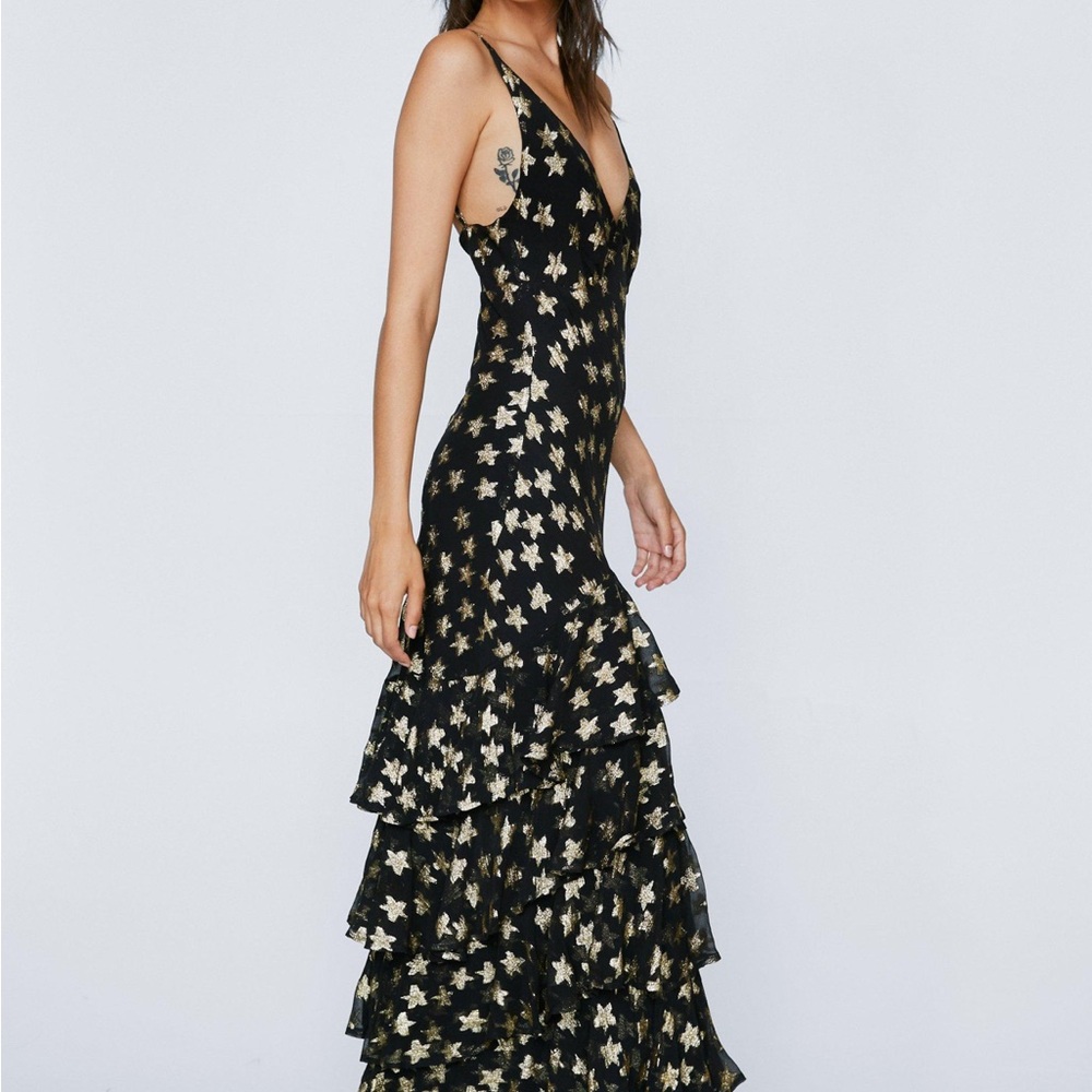 Nasty gal Metallic Star Print Ruffle Maxi Dress